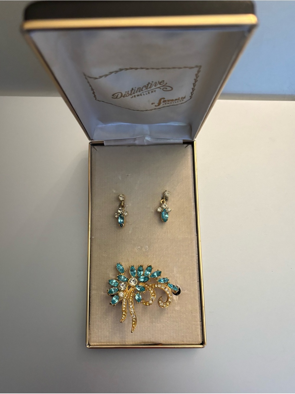 Gold-Tone Floral Brooch & Earring set  with Teal Crystal Accents by Distinctive